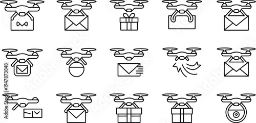 Drones delivering various types of packages and items to different locations
