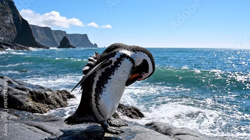 Penguin on rocky coastline looking around.