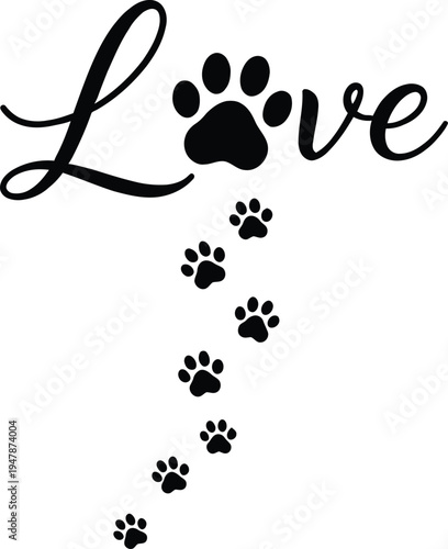 Love Script Typography With Paw Prints Pet Lover Illustration