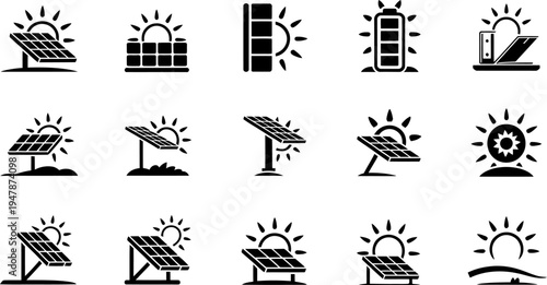 A collection of icons depicting various weather conditions and solar energy themes