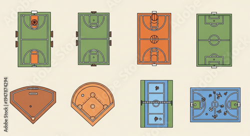Diverse Array of Sports Field Illustrations - Basketball, Tennis, Baseball, and Soccer.