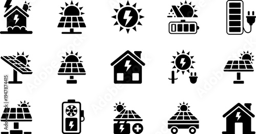 Collection of icons representing various renewable energy and household themes