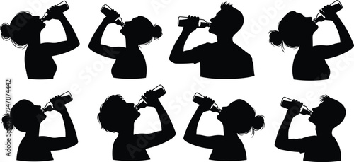 People Drinking Water from Bottle Silhouette Collection with Male and Female Profiles Hydrating Isolated Vector Set for Health, Fitness, Lifestyle, Wellness, and Hydration Concepts