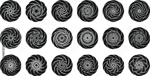 Abstract Spiral Swirl Circle Pattern Mega Set with Rotating Radial Shapes Isolated Vector Collection for Logo Design, Decorative Elements, Branding Graphics, and Geometric Art