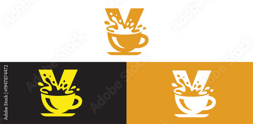 Coffee Splash Letter V Logo Design.
Cup Logo Design With Letter V