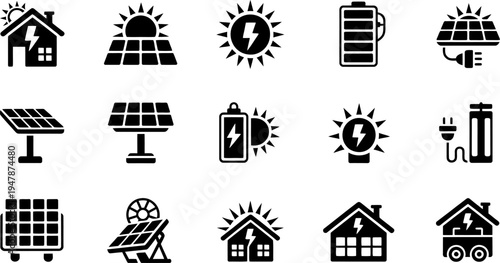 Icons representing various renewable energy sources and smart home technologies