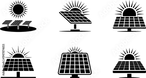 Collection of diverse solar panel designs under bright sunlight icons