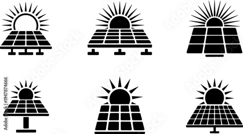 Collection of stylized icons featuring solar panels and sun symbols