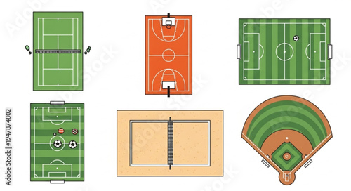 Diverse Sports Fields - Tennis, Basketball, Soccer, Football, Volleyball, Baseball.