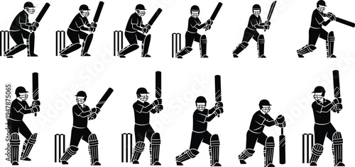 Cricket Batsman Silhouette Collection with Multiple Batting Shot Poses and Stances Isolated Vector Set for Sports Design, Tournament Posters, Coaching Graphics, and Cricket Illustrations