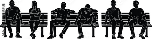 People Sitting on Park Bench Silhouette Collection with Relaxed Male and Female Poses Isolated Vector Set for Urban Lifestyle, Public Space, and City Park Illustrations