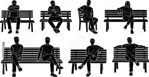 People Sitting on Park Bench Silhouette Set with Relaxed Male and Female Poses Isolated Vector Collection for Urban Lifestyle, Public Space, and City Park Designs