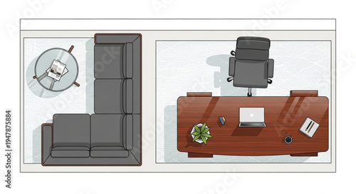 Office Layout with Desk, Chair, and Seating Area Top View.