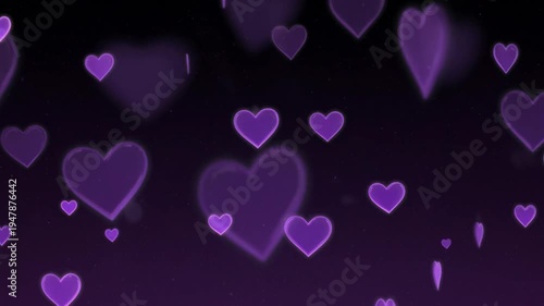 Purple hearts floating on black background.