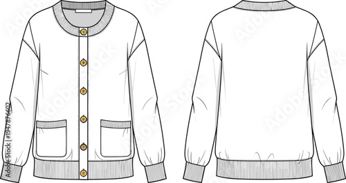 Women's oversized cardigan sweater cad drawing flat vector illustration with front buttons, patch pockets, ribbed trims, and technical fashion sketch.