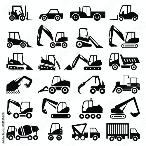 A set of black and white construction equipment icons displayed on a clean background