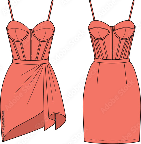 Women's corset mini dress cad drawing flat vector illustration with boned bodice, draped wrap skirt, spaghetti straps, and technical sketch.