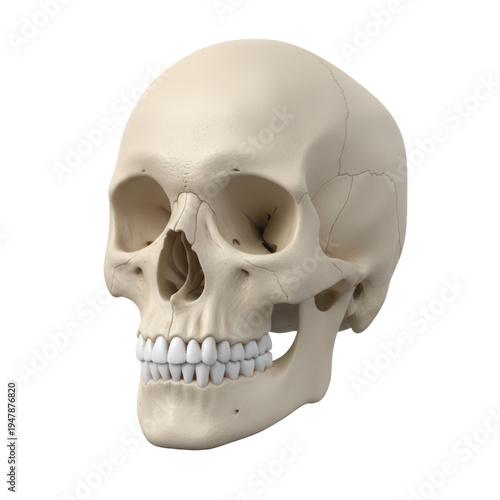 Human skull anatomical model showing teeth on plain white background