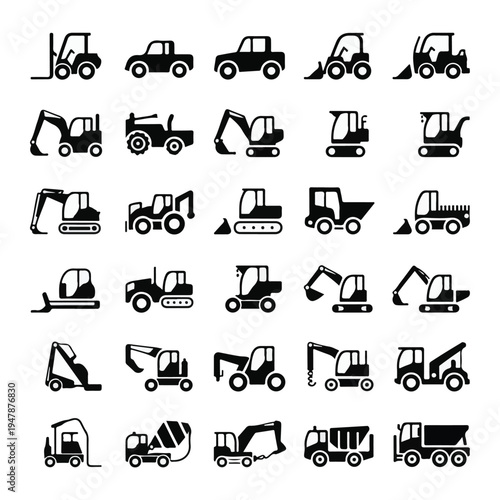 Construction equipment icons showcase various heavy machines used on sites