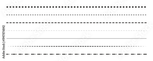 Set of black dashed, dotted, and solid lines. Abstract dashed border divider. Vector illustration