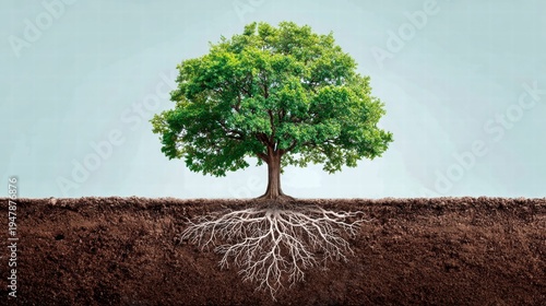 A healthy tree with visible roots growing in the soil against a blue sky background.