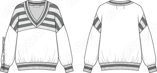 Women's oversized V-neck striped sweater cad drawing flat vector illustration with ribbed trims, drop shoulders, and technical fashion sketch.