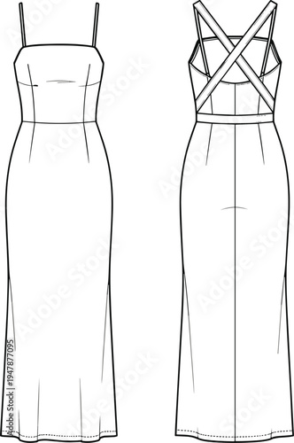 Women's maxi slip dress cad drawing flat vector illustration with spaghetti straps, cross back detail, square neck, and technical sketch.