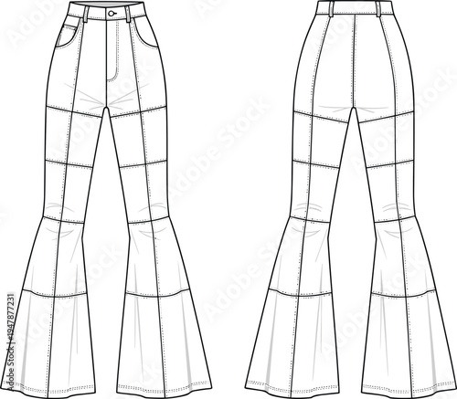 Women's high waisted flared patchwork jeans cad drawing flat vector illustration with multi panel construction, bell bottom silhouette, and technical sketch.