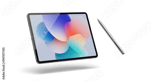 Modern Tablet with Stylus on White Background.