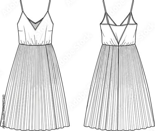 Women's pleated camisole midi dress cad drawing flat vector illustration with spaghetti straps, deep V-neckline, and elasticated waist technical sketch.
