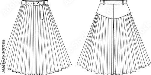 Technical CAD drawing flat vector illustration of a women's pleated midi skirt with belted waist and back yoke detail.