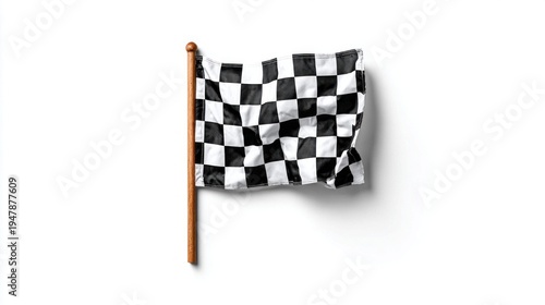 Checkered flag waving on a wooden pole against a clean white background, symbolizing victory
