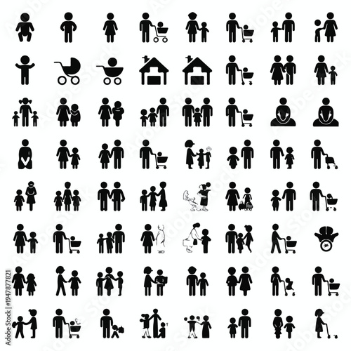 A set of minimalist black and white silhouettes depicting people in various everyday activities and interactions.