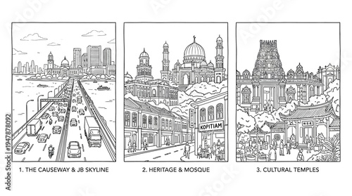 Singapore Landmark Scenes in Line Art