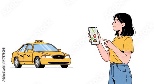 Woman Holding Phone Near Taxi.