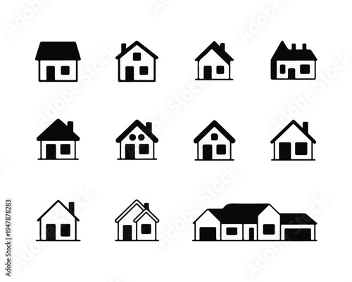 An illustration collection of 12 simple house icons in black and white on a plain background