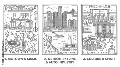 Detroit Landmarks Motown Skyline and Culture Line Drawings