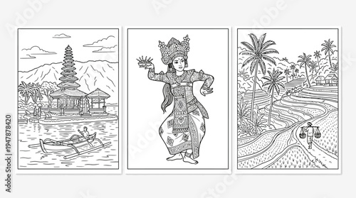 Set of Bali Coloring Pages with Temples Dancers and Landscapes