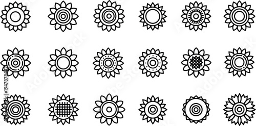 Black and white sunburst with various centers symbols patterns shapes