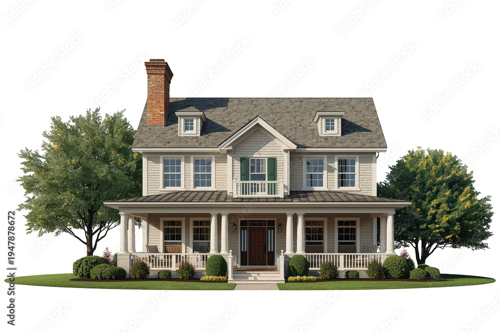 Fototapeta premium Residential house featuring gables, chimney, and landscaped yard. Concepts of living, family, property, and urban development. Transparent background