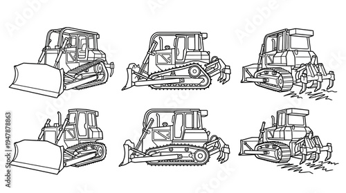 Set of Bulldozer Line Art Drawings on White