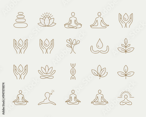 A serene collection of 20 minimalist line icons depicting yoga and meditation scenes with people, plants, and symbols arranged neatly.
