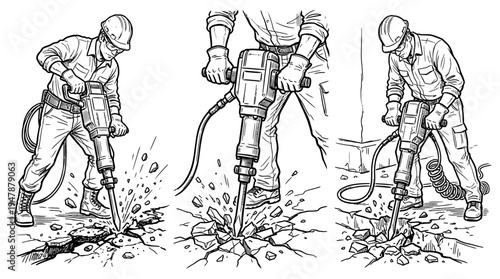 Construction Workers Using Jackhammers on Concrete