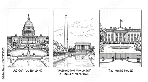 Iconic Landmarks of Washington D.C. Ink Drawing Set