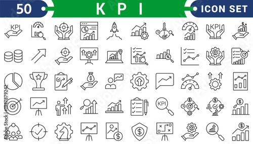 kpi icon set collection in solid glyph style. an icon pack contain scorecards,target,evaluation,goal setting,performance,metric
