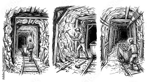 Historical Scenes of Workers in a Mine