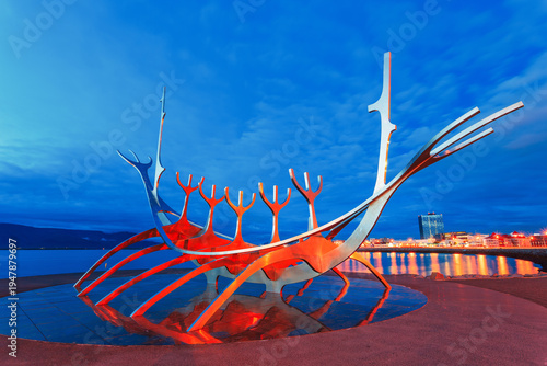 Reykjavik, Iceland. Solfar or The Sun Voyager sculpture before nightfall.