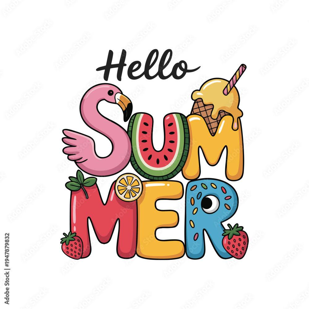 Fototapeta premium Colorful summer lettering featuring a flamingo watermelon ice cream and other fruits