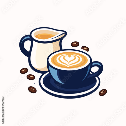 Coffee cup with heart design and cream pitcher