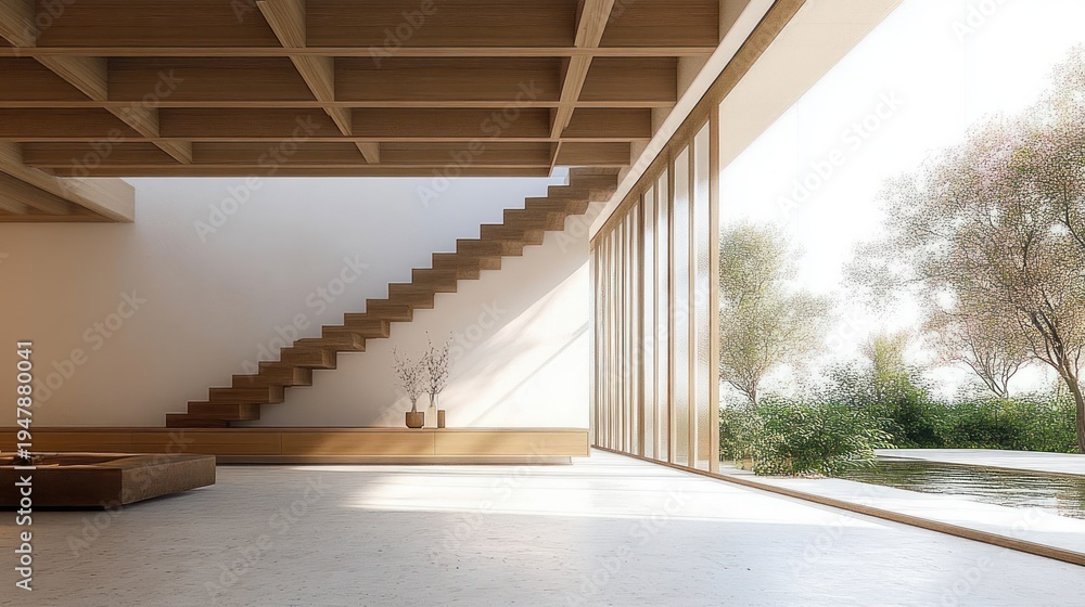 Fototapeta premium sunlit minimalist living space with floating wooden staircase, coffered ceiling, low bench with vases and floor-to-ceiling glass opening to garden and reflecting pool, calm serene atmosphere